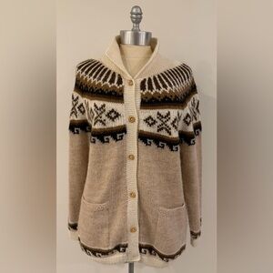 Peruvian Alpaca Connection Ivory Brown Fair Isle Cardigan Sz Medium